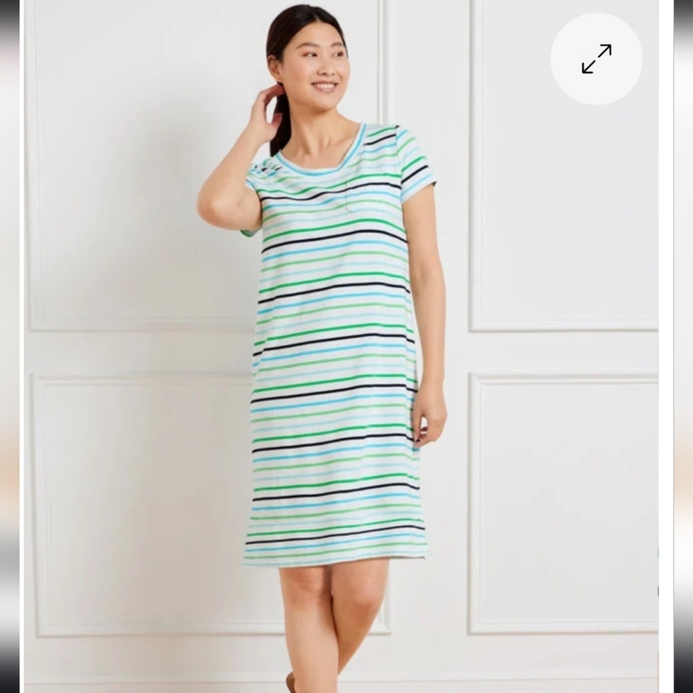 T By Talbots White Multi-colored Stripe Short Sleeve Dress, Size Small Petite